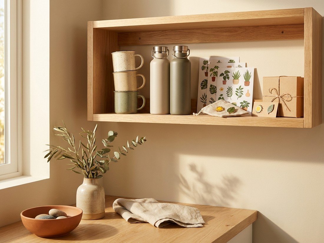 A styled shelf of outdoor goods