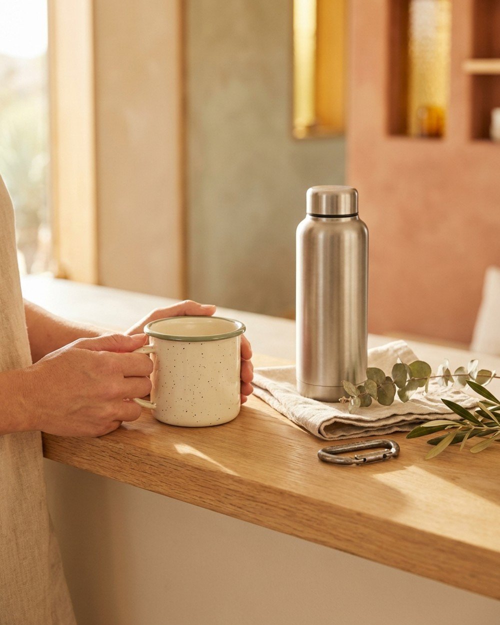 Insulated bottle and enamel mug at a trailhead